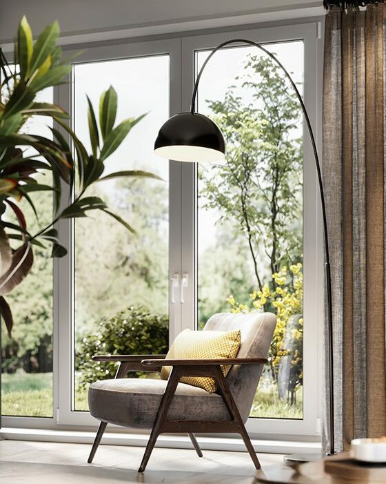 Image d'ambiance salon avec baies vitrées